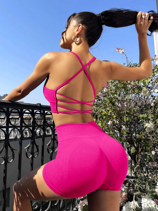Sport Studio Criss Cross Backless Wide Waistband Sports Set Hot Pink Dresshot Pink Dress Girlsopen Back Dresstight Dresses for Girls Workout Women Setwomen Workout Set